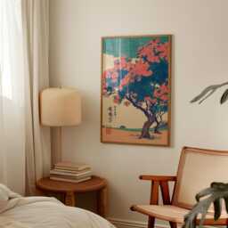 Pink Blossom Tree Poster - Japanese Woodblock Style Nature Art Green Blue Floral Print - thumbnail 2