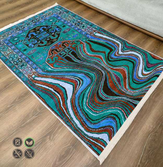 Turquoise Tribal Chenille Rug Melting Kilim Design, Washable - image 1