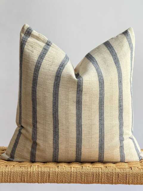 Cream Indigo Striped Pillow Cover - image 1