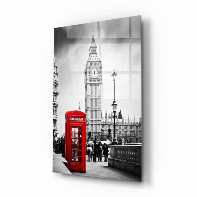 London Red Phone Booth Glass Wall Art - Iconic Big Ben Cityscape Decor For Urban Style Interiors - image 1