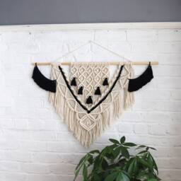 Large Macrame Wall Hanging Black & White Boho Woven Tapestry - thumbnail 2