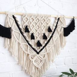 Large Macrame Wall Hanging Black & White Boho Woven Tapestry - thumbnail 3