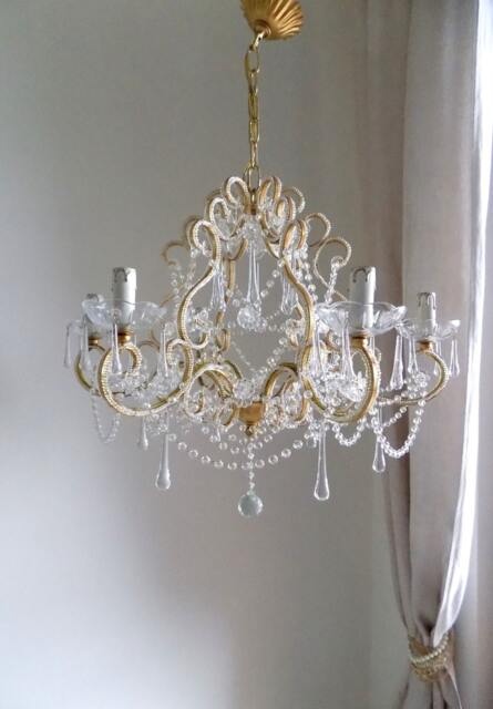 Made in Italy 24 Kt Gold Leaf Crystal Chandelier, Birdcage Antique Style 6 Lights, Clear Murano Drops Beads Swags - image 1