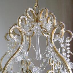 Made in Italy 24 Kt Gold Leaf Crystal Chandelier, Birdcage Antique Style 6 Lights, Clear Murano Drops Beads Swags - thumbnail 4