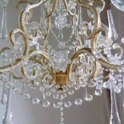Made in Italy 24 Kt Gold Leaf Crystal Chandelier, Birdcage Antique Style 6 Lights, Clear Murano Drops Beads Swags - thumbnail 2