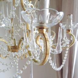 Made in Italy 24 Kt Gold Leaf Crystal Chandelier, Birdcage Antique Style 6 Lights, Clear Murano Drops Beads Swags - thumbnail 3