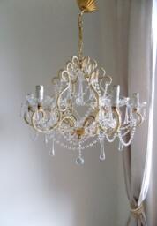 Made in Italy 24 Kt Gold Leaf Crystal Chandelier, Birdcage Antique Style 6 Lights, Clear Murano Drops Beads Swags - thumbnail 1