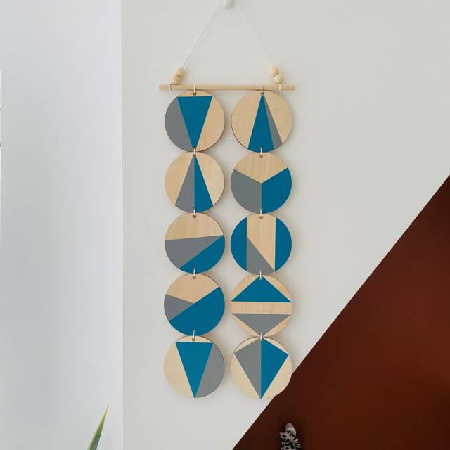 Geometric Plywood Wall Hanging Teal & Gray Scandi Boho Decor - image 1