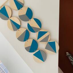 Geometric Plywood Wall Hanging Teal & Gray Scandi Boho Decor - thumbnail 3