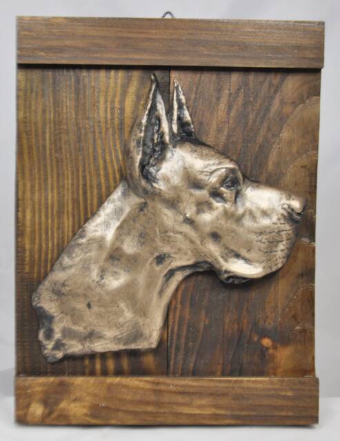 Handmade Cold Cast Bronze Great Dane Relief Sculpture On Wood