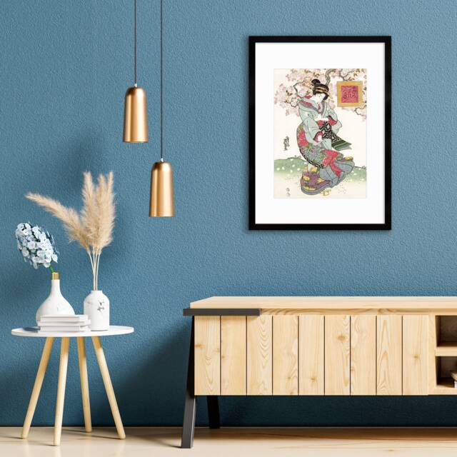Japanese Art Geisha Sakura Framed Mounted Ukiyo-E Wall Decor Print Poster Woodblock Keisai Eisen Maiko Bijin Cherry Blossoms Beautiful A2 A3 - image 1