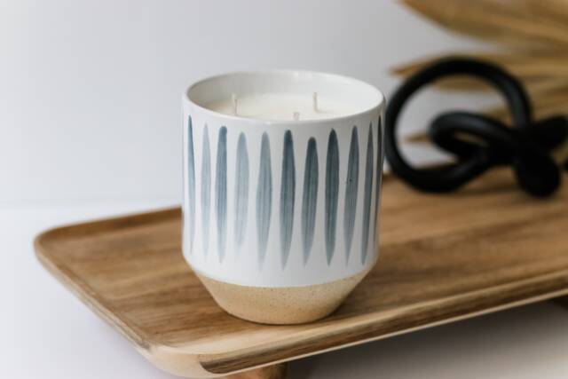 Soy Wax Candle - Feathered Blue & White Striped Jar Hand Poured Nova Co. Masculine Scents Floral Fresh - image 1