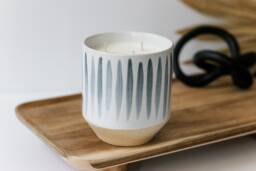 Soy Wax Candle - Feathered Blue & White Striped Jar Hand Poured Nova Co. Masculine Scents Floral Fresh - thumbnail 1