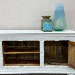 Hand-Carved Mango Wood Tv Unit - Fully Whitewashed 2 Door Design - thumbnail 4
