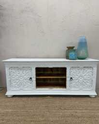 Hand-Carved Mango Wood Tv Unit - Fully Whitewashed 2 Door Design