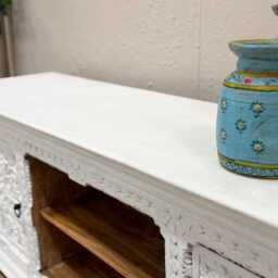 Hand-Carved Mango Wood Tv Unit - Fully Whitewashed 2 Door Design - thumbnail 3