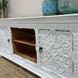 Hand-Carved Mango Wood Tv Unit - Fully Whitewashed 2 Door Design - thumbnail 2