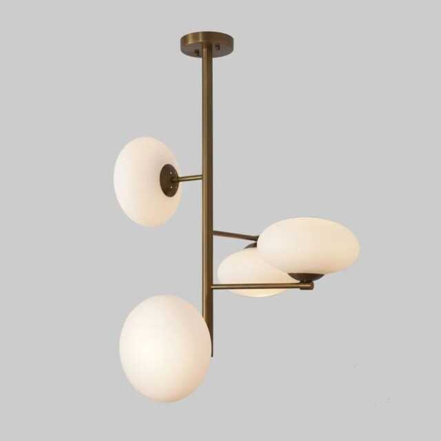 Mid-Century Modern Sputnik Chandelier - Brass Finish With Opal Glass Shades Lighting Fixture - image 1