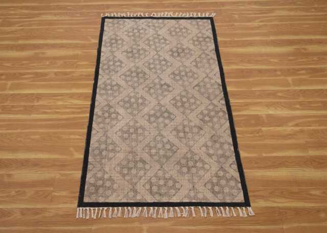 Hand Block Print Diamond Geometric Cotton Rug, Boho Area Black Brown Runner - image 1