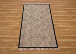 Hand Block Print Diamond Geometric Cotton Rug, Boho Area Black Brown Runner - thumbnail 1