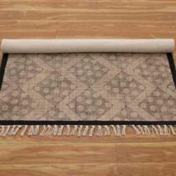 Hand Block Print Diamond Geometric Cotton Rug, Boho Area Black Brown Runner - thumbnail 2