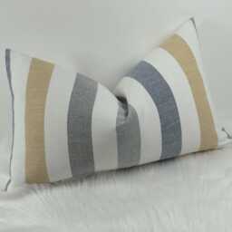 Mustard Blue Stripe Lumbar Cushion Cover - 12x20 Coastal Throw Pillow Rectangular Nautical Penzance Cotton Linen Handmade - thumbnail 2