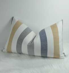 Mustard Blue Stripe Lumbar Cushion Cover - 12x20 Coastal Throw Pillow Rectangular Nautical Penzance Cotton Linen Handmade - thumbnail 1