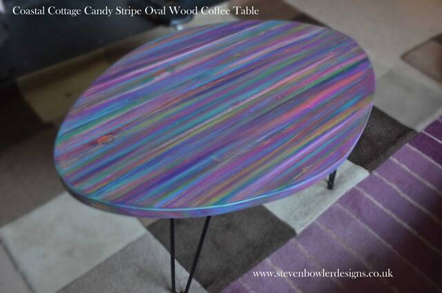 Oval Wood Coffee Table Hand Painted Unique Coastal Candy Stripe Art + 16 - image 1