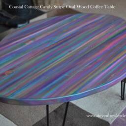 Oval Wood Coffee Table Hand Painted Unique Coastal Candy Stripe Art + 16 - thumbnail 2
