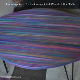 Oval Wood Coffee Table Hand Painted Unique Coastal Candy Stripe Art + 16 - thumbnail 3