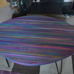 Oval Wood Coffee Table Hand Painted Unique Coastal Candy Stripe Art + 16 - thumbnail 4