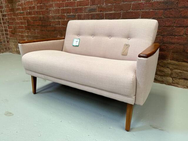 Danish 60S Vintage Inspired Mid Century 2 Seater Teak Cocktail Sofa Settee in Stone Faux Linen Fabric - image 1