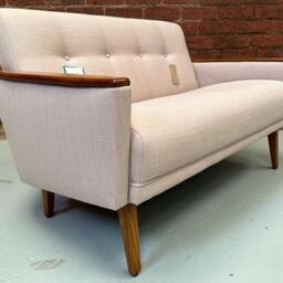 Danish 60S Vintage Inspired Mid Century 2 Seater Teak Cocktail Sofa Settee in Stone Faux Linen Fabric - thumbnail 3