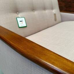 Danish 60S Vintage Inspired Mid Century 2 Seater Teak Cocktail Sofa Settee in Stone Faux Linen Fabric - thumbnail 2