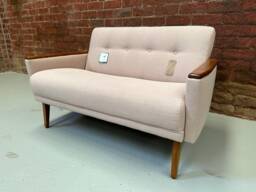 Danish 60S Vintage Inspired Mid Century 2 Seater Teak Cocktail Sofa Settee in Stone Faux Linen Fabric