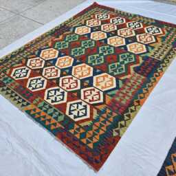 6??8 Ft Colorful Afghan Kilim Rug - Handmade Tribal Geometric Wool Flatweave Carpet - thumbnail 2
