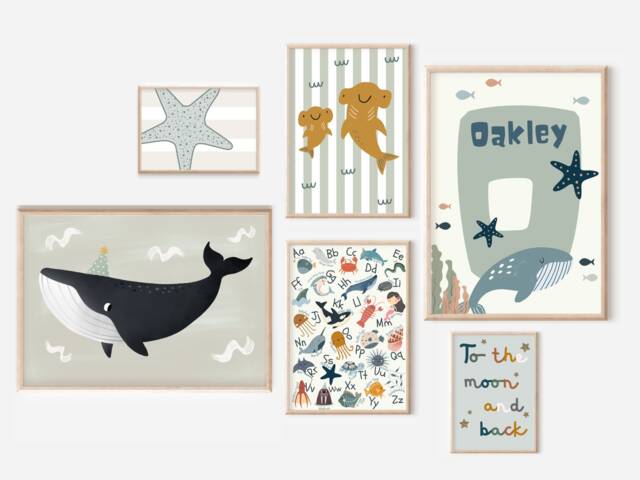 Set Of Ocean Prints For A Child's Room Or Nursery, Including An Alphabet & Personalised Initial Print - Prints Only, Unframed - image 1