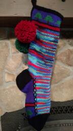 Hand Knit Christmas Stocking Purple Red Blue Green Stripe Fir Trees By Santa's Works - thumbnail 1