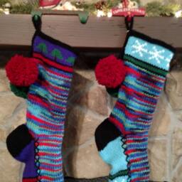 Hand Knit Christmas Stocking Purple Red Blue Green Stripe Fir Trees By Santa's Works - thumbnail 3