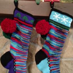 Hand Knit Christmas Stocking Purple Red Blue Green Stripe Fir Trees By Santa's Works - thumbnail 2