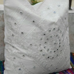 Silk Embroidered White Cushion Covers Vintage Cotton Pillow Case 16 - thumbnail 2