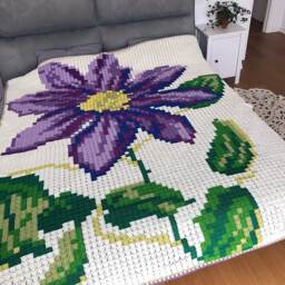 xxl Crochet Pixel Purple Flower Blanket, Granny Square, Crocheted, Handcrocheted - thumbnail 2