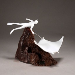 Manta Ray Sculpture With Snorkeler, Pellucida On Burlwood Base - thumbnail 3