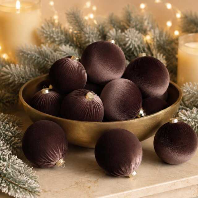12 Brown Velvet Christmas Balls Holiday Tree Ornaments - image 1