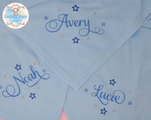 Embroidered Soft Fleece Baby Blanket With Name & Stars Beautiful Script Font New Baby Gift Fleece Personalised Blue Pink White Christening - image 1