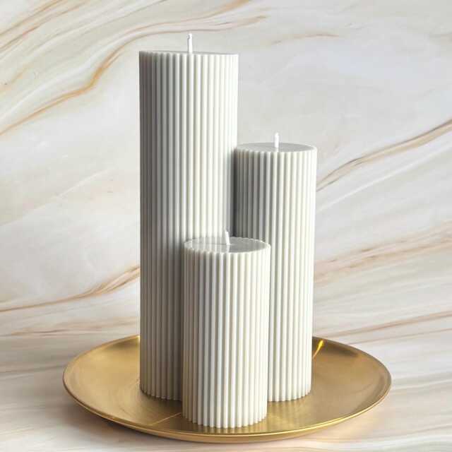 Pebble Grey Coloured Tall Ribbed Scented Pillar Candles - Handmade Home Decor - image 1