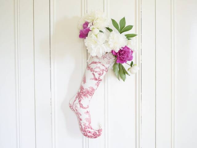 Handmade Toile Christmas Stocking - Red French Decor, Curly Toe - image 1