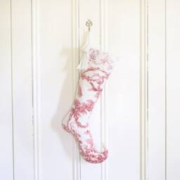 Handmade Toile Christmas Stocking - Red French Decor, Curly Toe - thumbnail 3