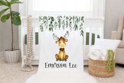 Moose Blanket, Personalized Baby Blanket Gift, Toddler Nursery Decor, Birthday Woodland