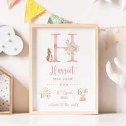 New Baby Personalised Print Birth Details Keepsake Gift, Newborn Pink Nursery Decor - thumbnail 1